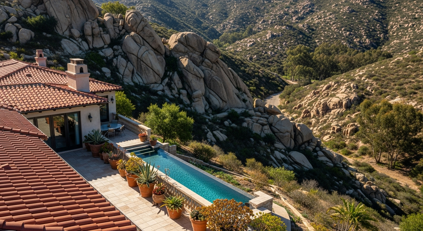 Inland San Diego terrain with granite outcroppings and chaparral.