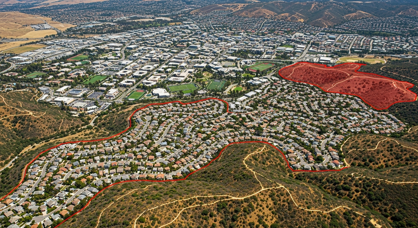 Overview of Vista and San Marcos, California, highlighting fire risk areas and residential communities.