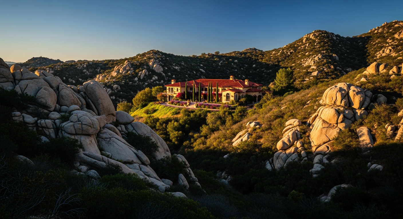 Inland San Diego terrain: granite outcroppings, chaparral, and a Mediterranean estate with a red tile roof.