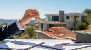 A tranquil Mediterranean-style estate with a red tile roof nestled in the sun-drenched, chaparral-covered foothills of North County Inland, signifying the calm after a complex real estate transaction.