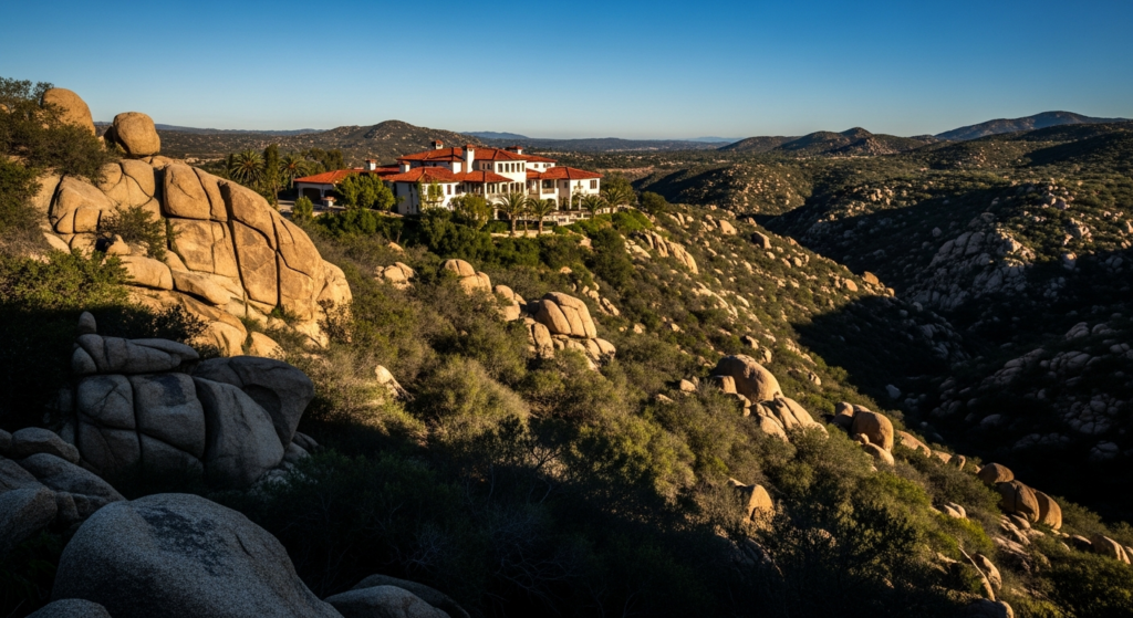 Inland North County San Diego hills with chaparral and granite outcroppings under a clear sky