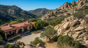 Inland San Diego terrain with granite outcroppings and irrigated grove.