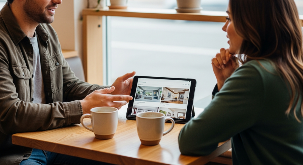 An open notebook, a ceramic coffee cup, and a pen on a clean wooden table, representing a real estate consultation.