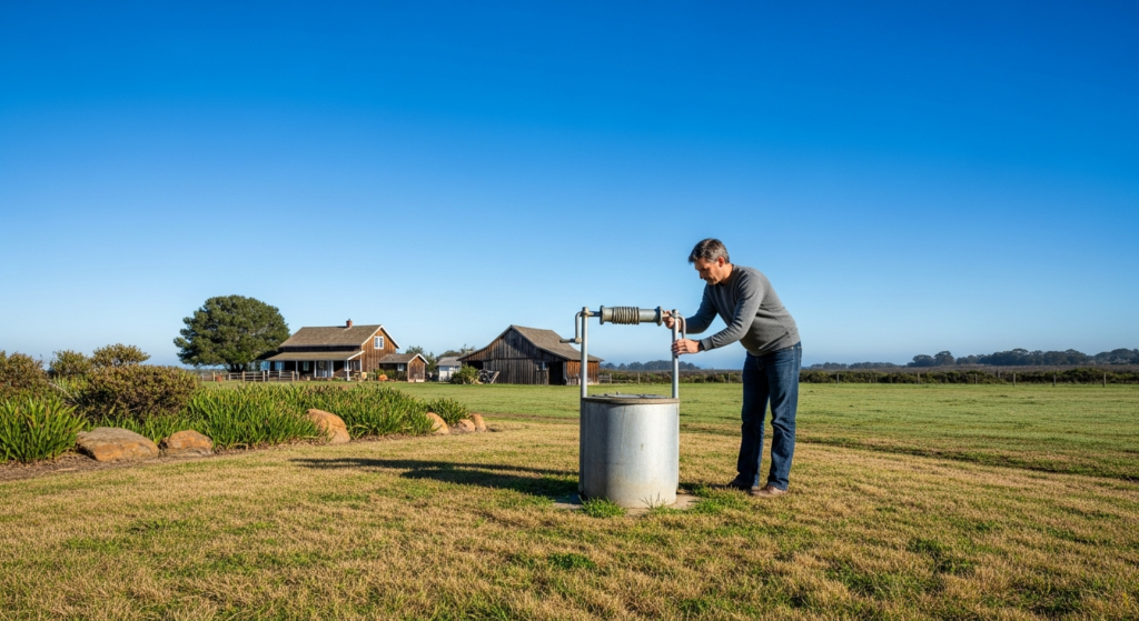 A modern residential water well holding tank and pump system inside a utility shed.